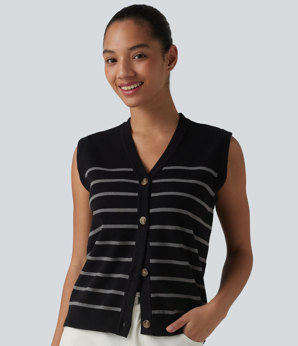 Gilet casual rayé à col V et boutonnière