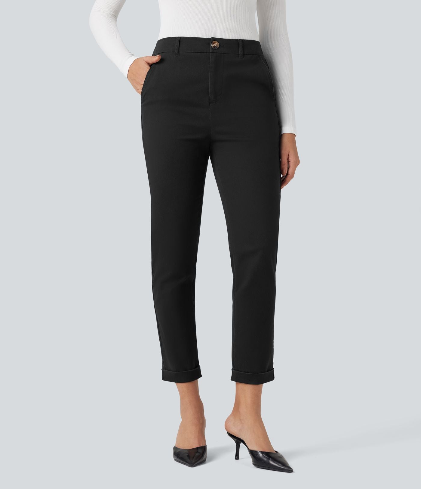 Pantalon coton 7/8 coupe ajustée taille mi-haute avec poches