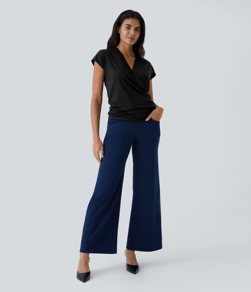 Blouse Travail Unie Froncée Croisée Manches Courtes Col en V