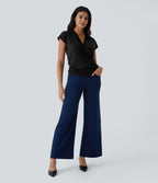 Blouse Travail Unie Froncée Croisée Manches Courtes Col en V