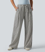 Pantalon large décontracté à carreaux taille mi-haute avec cordon de serrage et poches