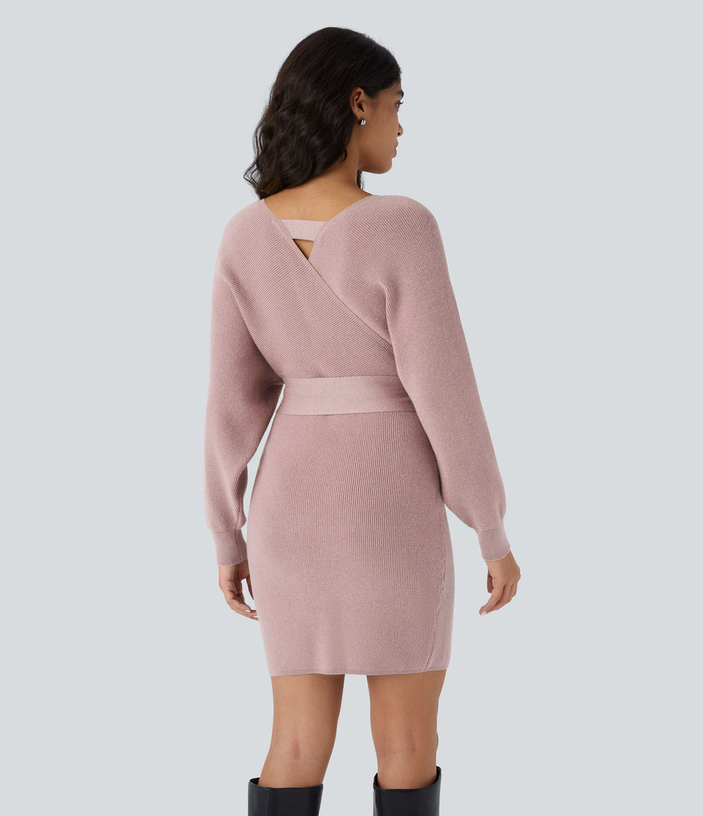 Robe-pull courte décontractée à col V croisé, manches chauve-souris longues et ceinture