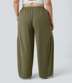 Pantalon Large Casual Taille Mi-Haute Taille Élastique Cordon Poches Latérales Ourlet Flottant Grande Taille