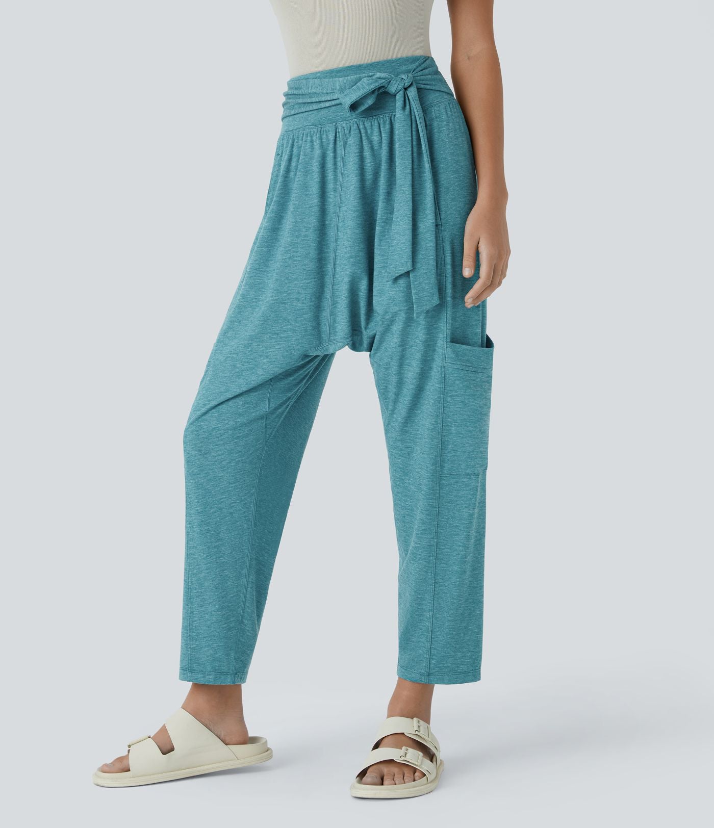 Pantalon Harem Casuak à Taille Mi-Haute avec Liens sur le Côté et Multiples Poches