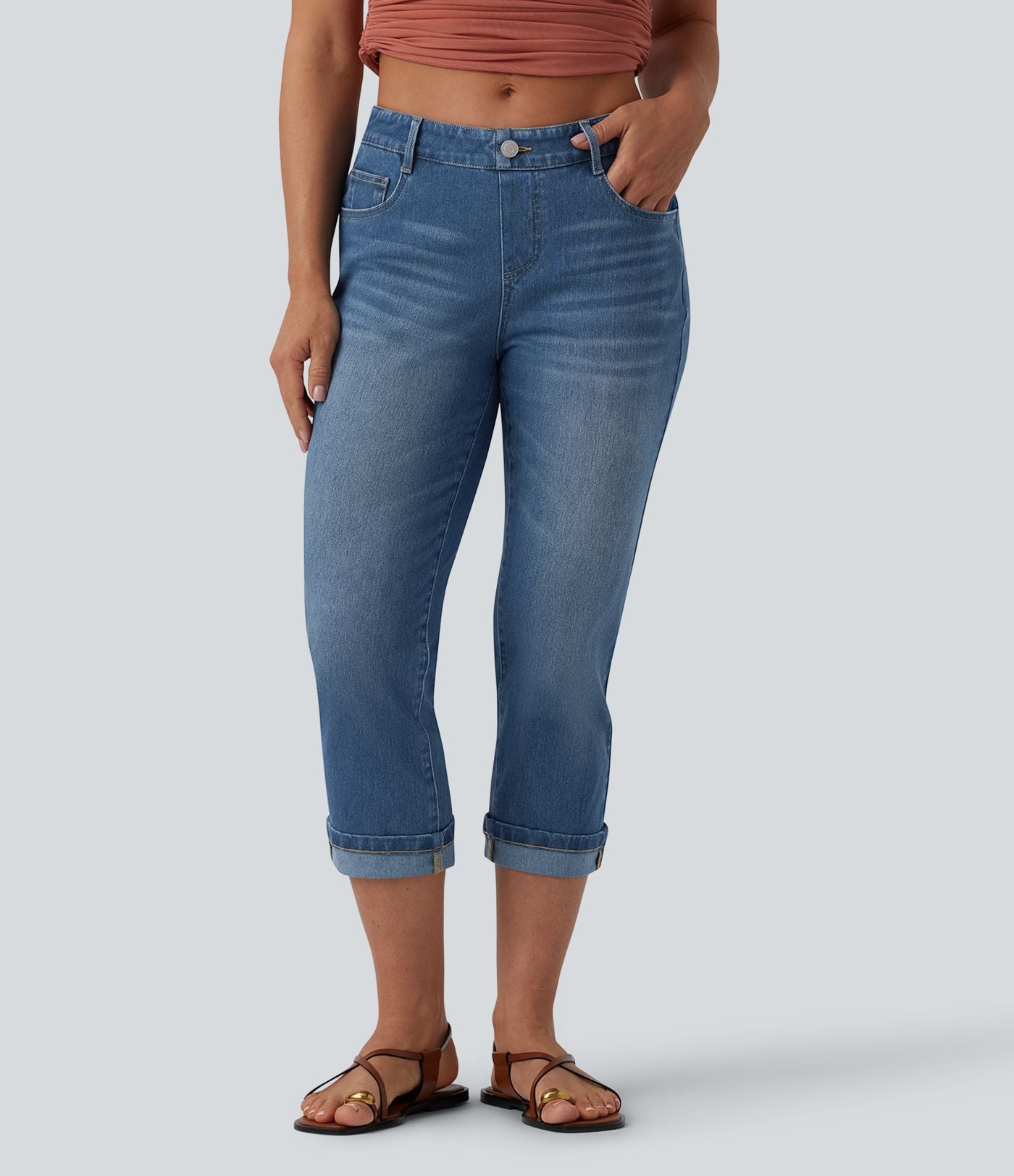 Halara Flex™ Jean casual raccourci taille basse à ourlet retroussé, avec poches