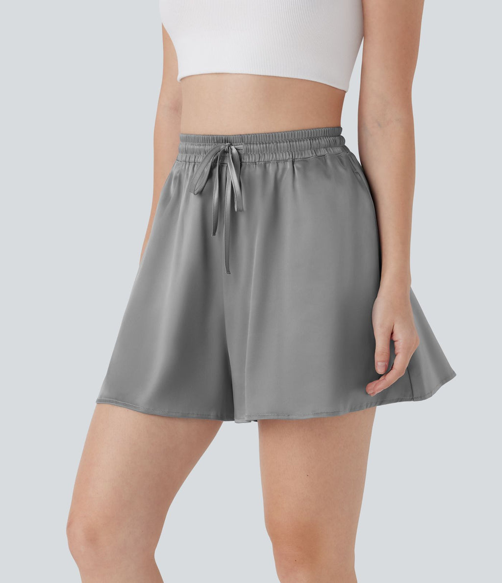 Short décontracté ample en satin à taille haute avec cordon de serrage et poches latérales