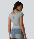Halara T-shirt casual 2 en 1 en jersey de coton manches courtes dos noué froncé