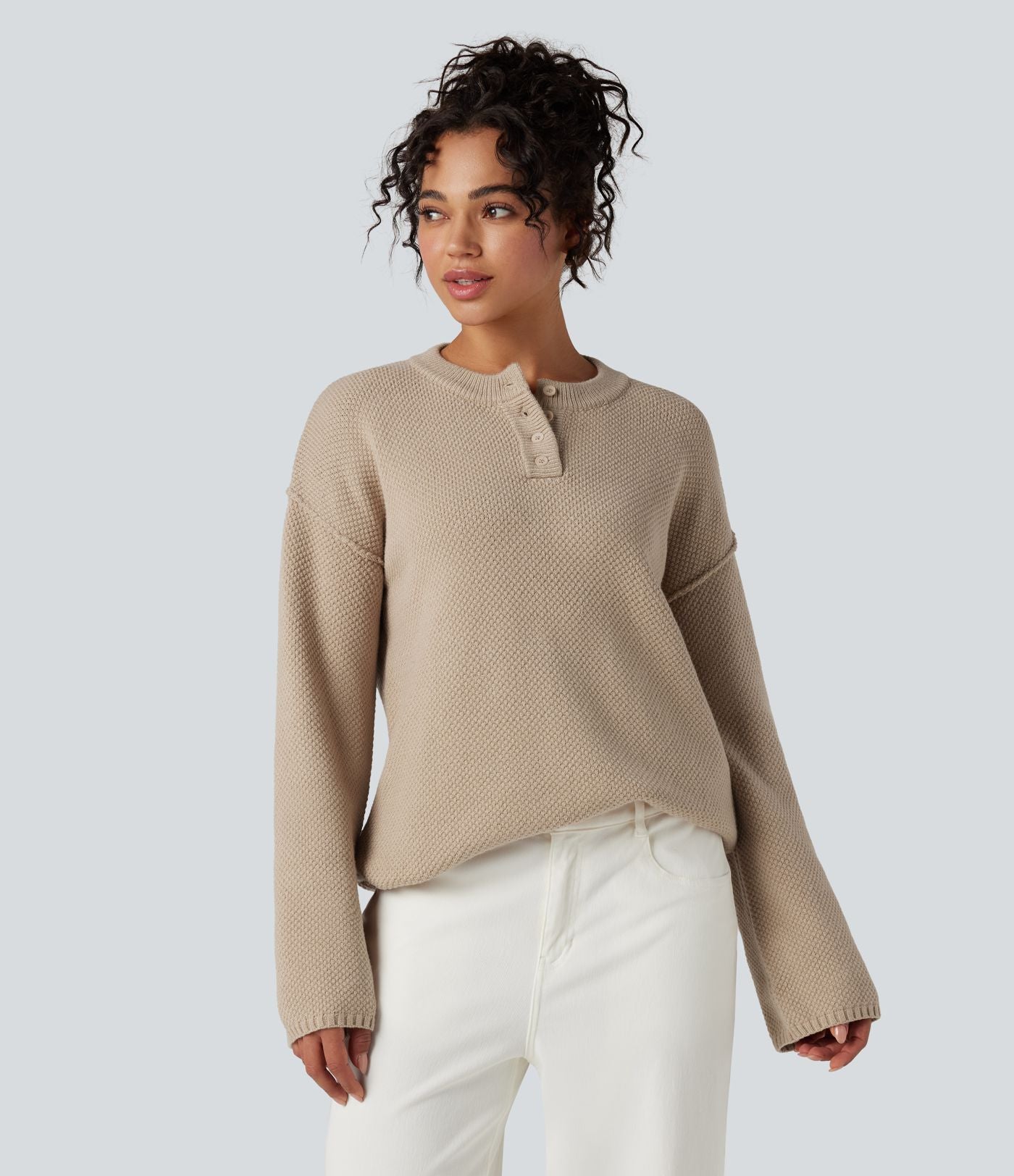 Pull gaufré col Henley manches longues