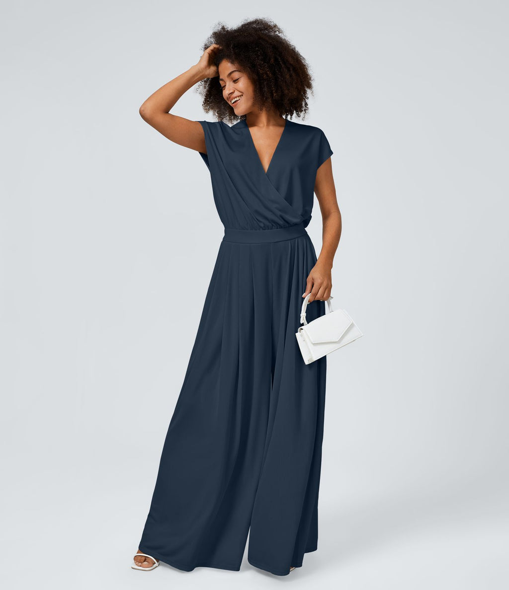 Combinaison Casual Col en V Jambes Large Plissée Manches Courtes Poche Latérale Gaufrée Fluide