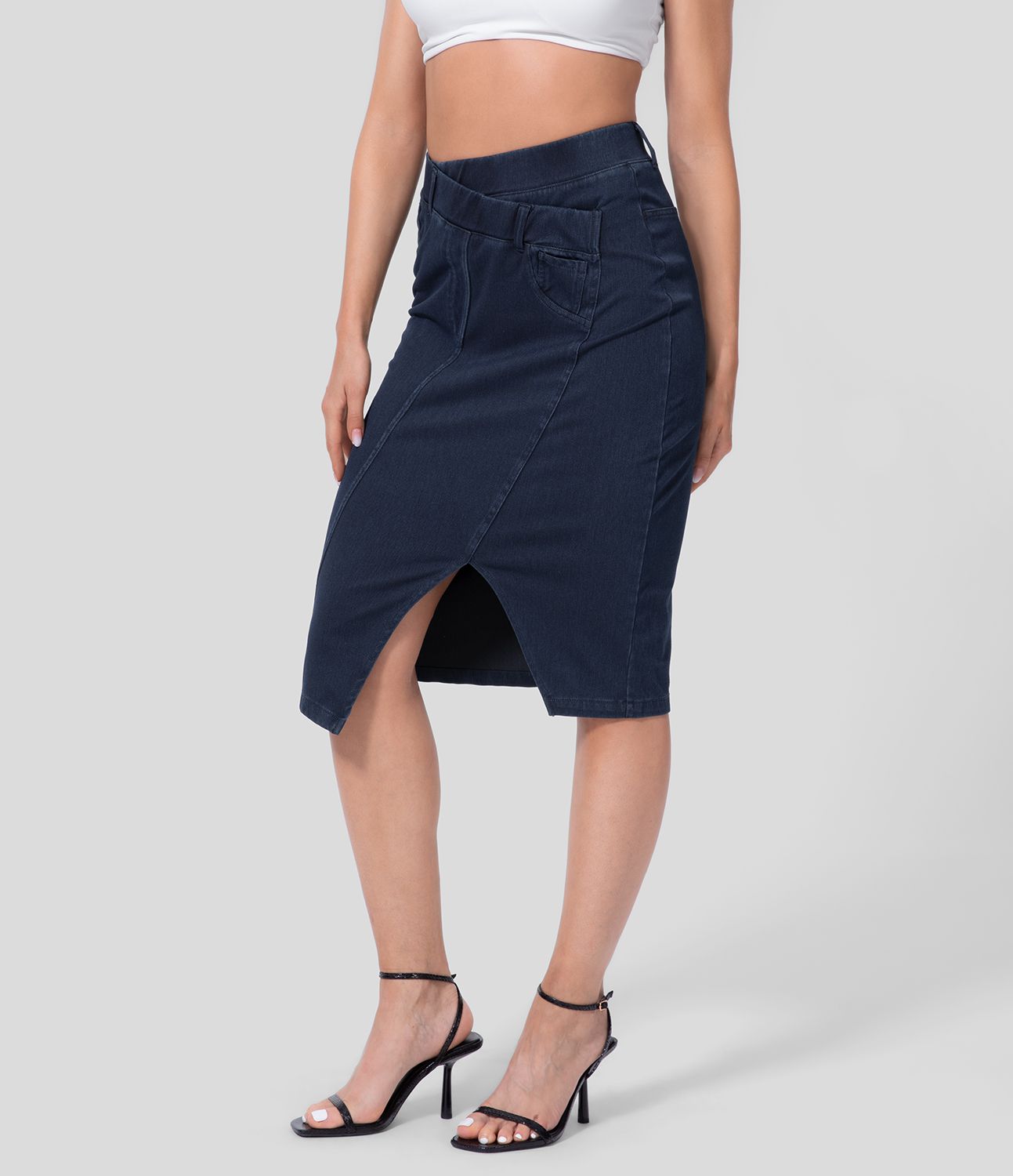 Halara Flex™ Jupe Midi Casual Taille Haute avec Ourlet Fendu en Denim Tricoté Élastique