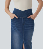 Halara Flex™ Jupe droite casual en jean asymétrique taille haute ventre plat avec fente et poches