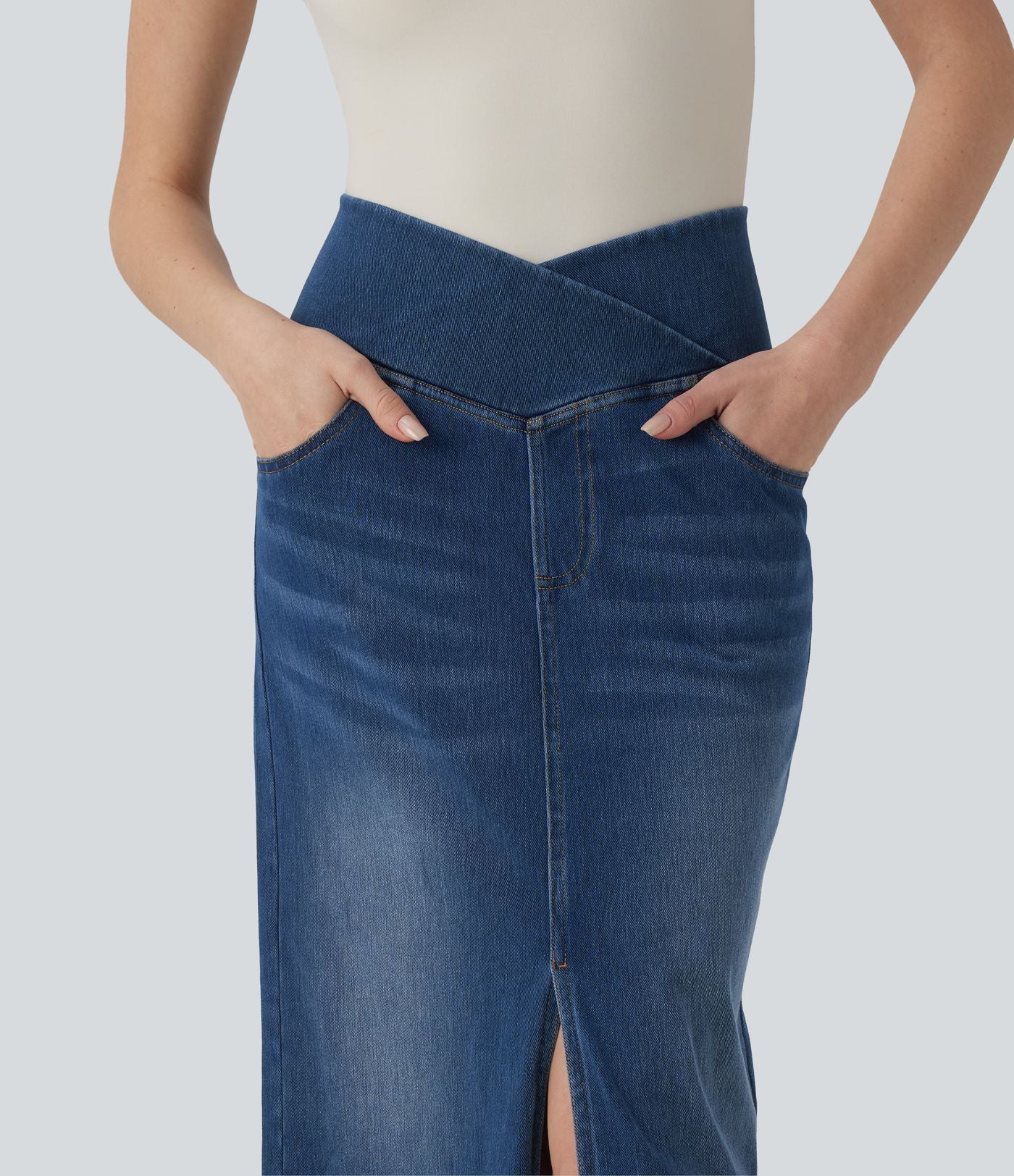 Halara Flex™ Jupe droite casual en jean asymétrique taille haute ventre plat avec fente et poches