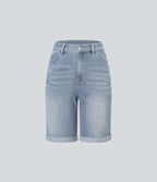Bermuda décontracté en jean extensible délavé Halara Flex™ taille haute avec revers et multiples poches