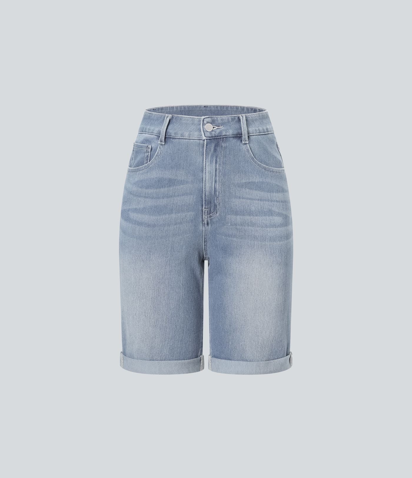 Bermuda décontracté en jean extensible délavé Halara Flex™ taille haute avec revers et multiples poches