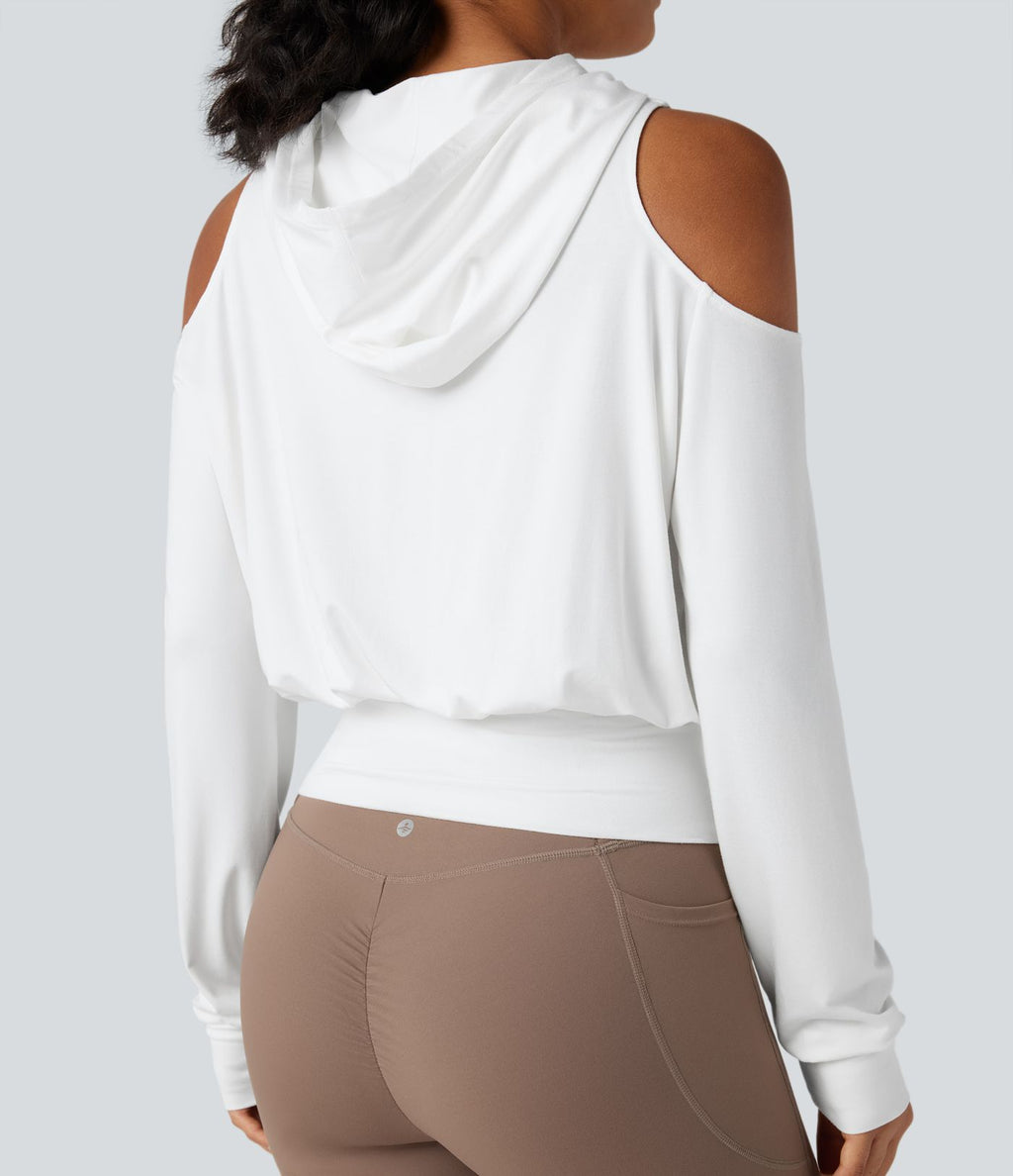 Sweat-shirt de sport à capuche épaules dénudées manches longues