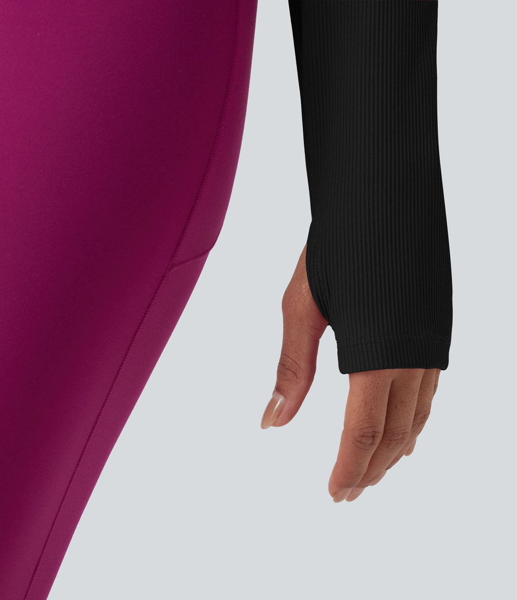 Haut de yoga côtelé push-up à col carré, manches longues et trous pour les pouces - Bonnets E-G