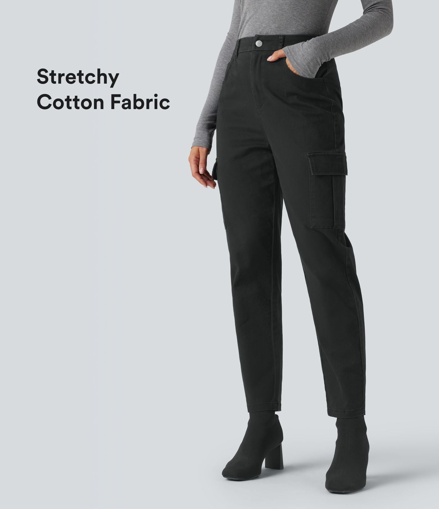 Pantalon 7/8 décontracté fuselé taille haute en coton chino avec poches