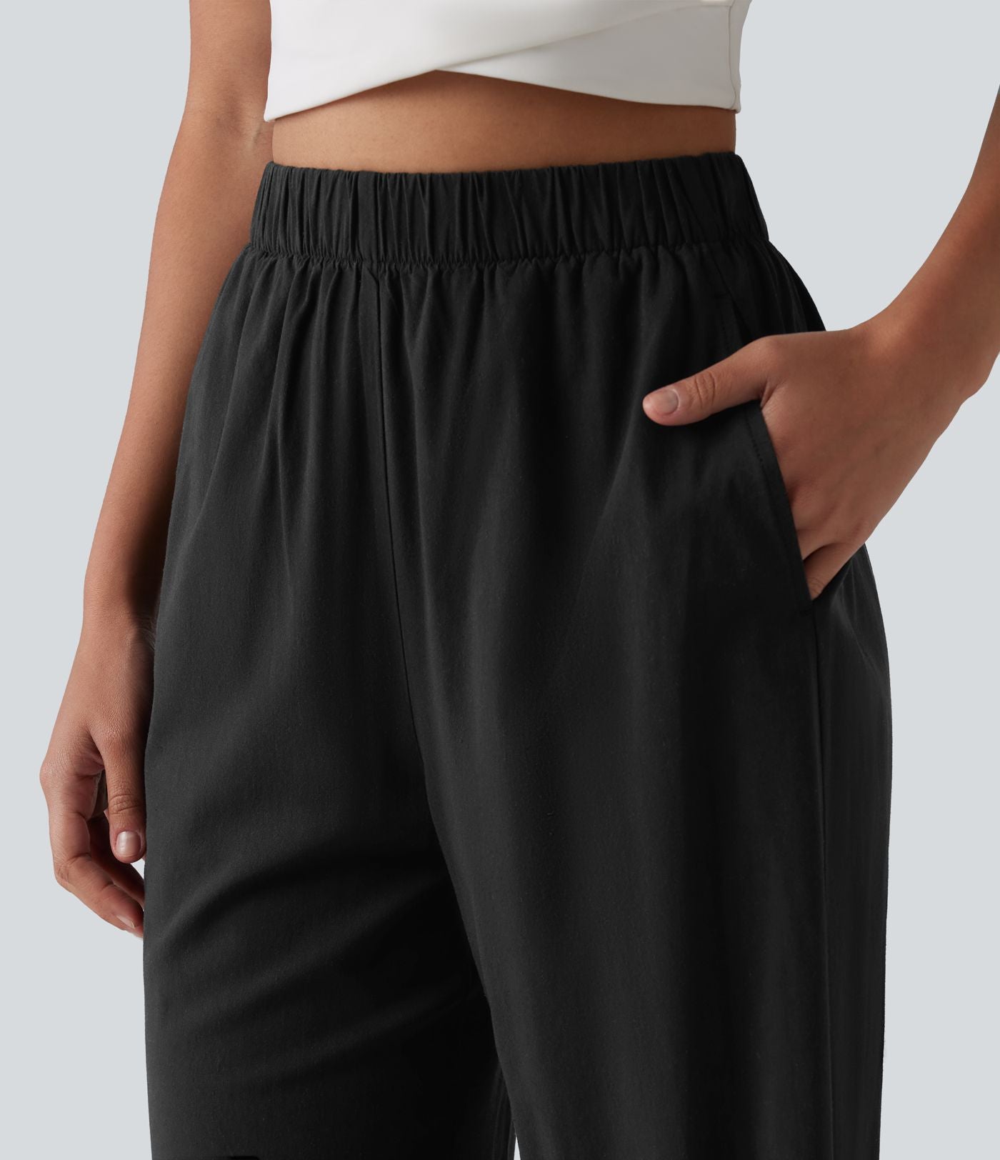 Pantalon casual 7/8 aspect lin stretch coupe droite taille haute avec poches