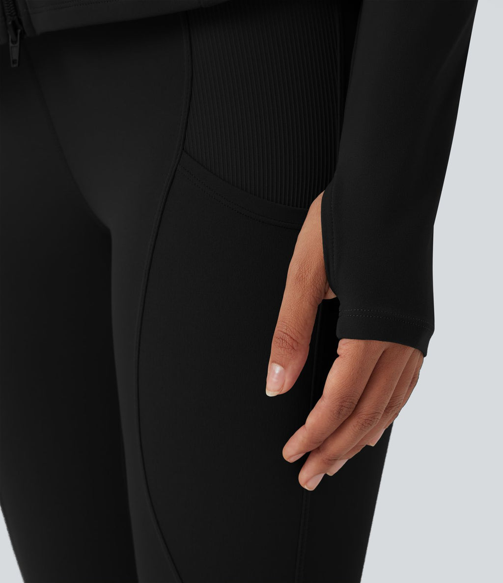 Veste SoftlyZero™ à capuche manches longues avec trous pouces détails plissés et poches-UPF50+