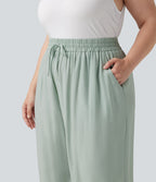 Pantalon large grande taille taille haute avec cordon de serrage et poches
