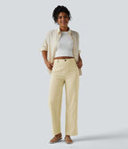 Pantalon taille haute coupe droite effet lin avec poches