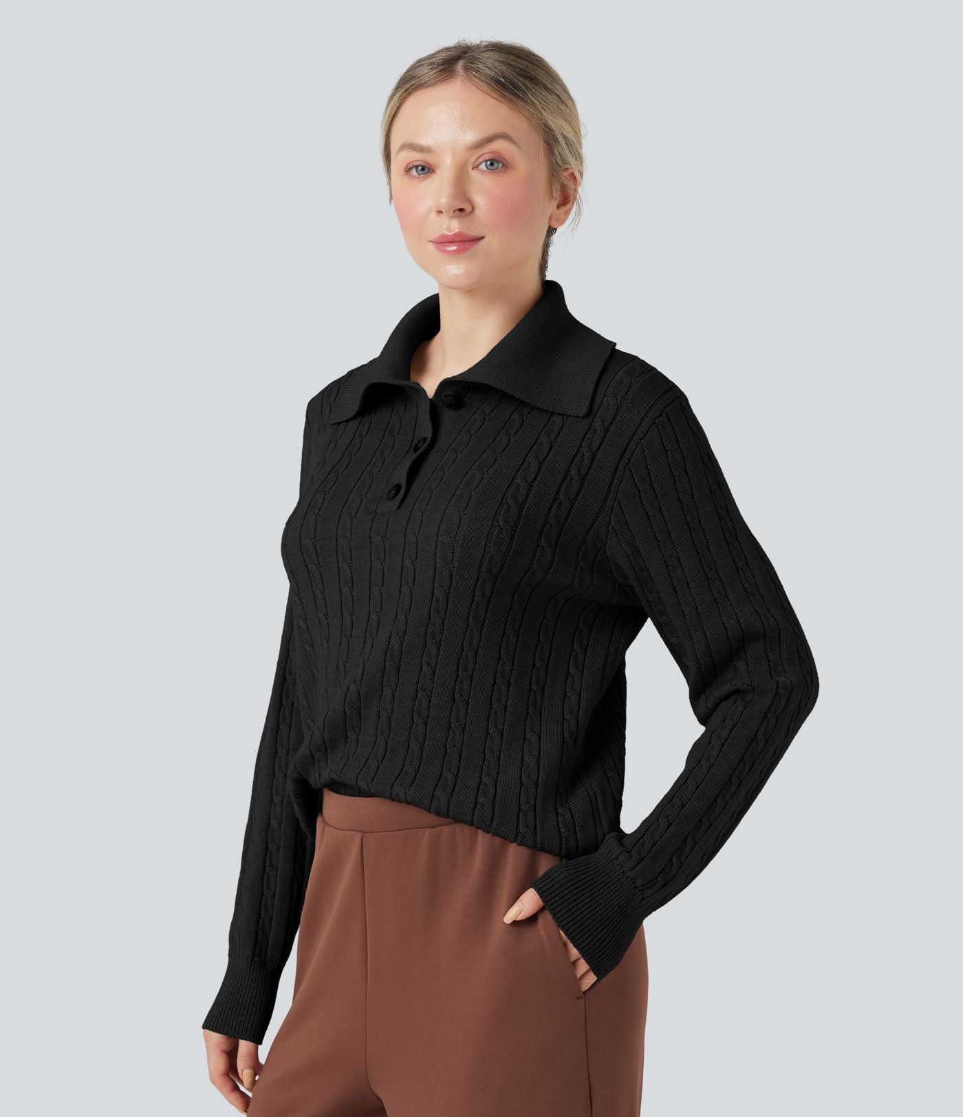 Pull laine mélangée col tailleur manches longues torsadé coupe décontractée