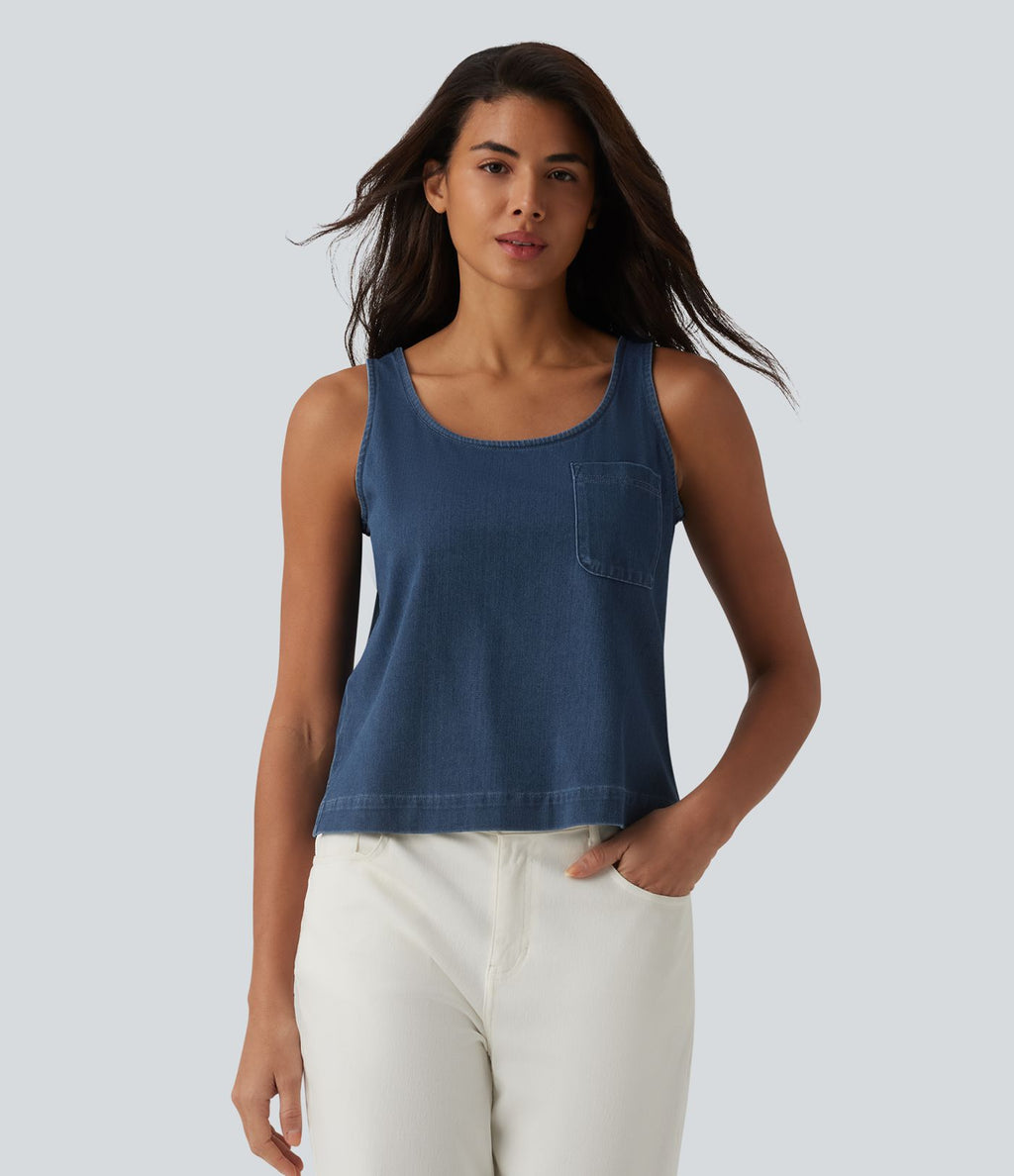 Débardeur décontracté en denim à col rond Halara Flex™ avec poche