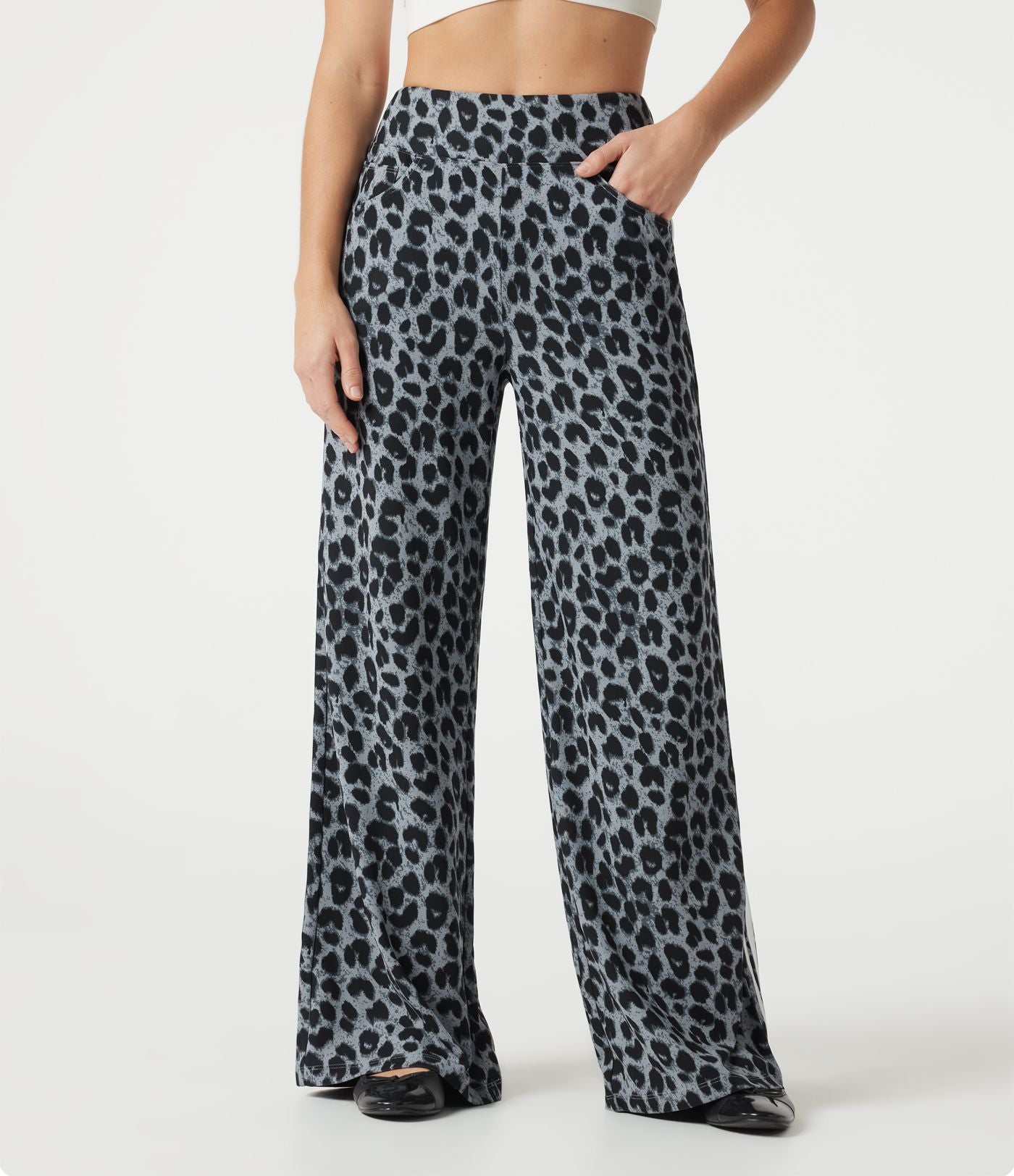 Pantalon léopard décontracté ample color block, taille haute, en tissu gaufré, à poches