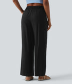 Pantalon large décontracté taille haute aspect lin avec poches