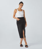 Halara Flex™ Jupe en Jean Casual Mi-Longue Délavé Extensible Plusieurs Poches Taille Haute