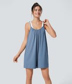 Combinaison Large Casual à Jambes Larges Solide avec Fines Bretelles Réglables Poches Latérales Plissées