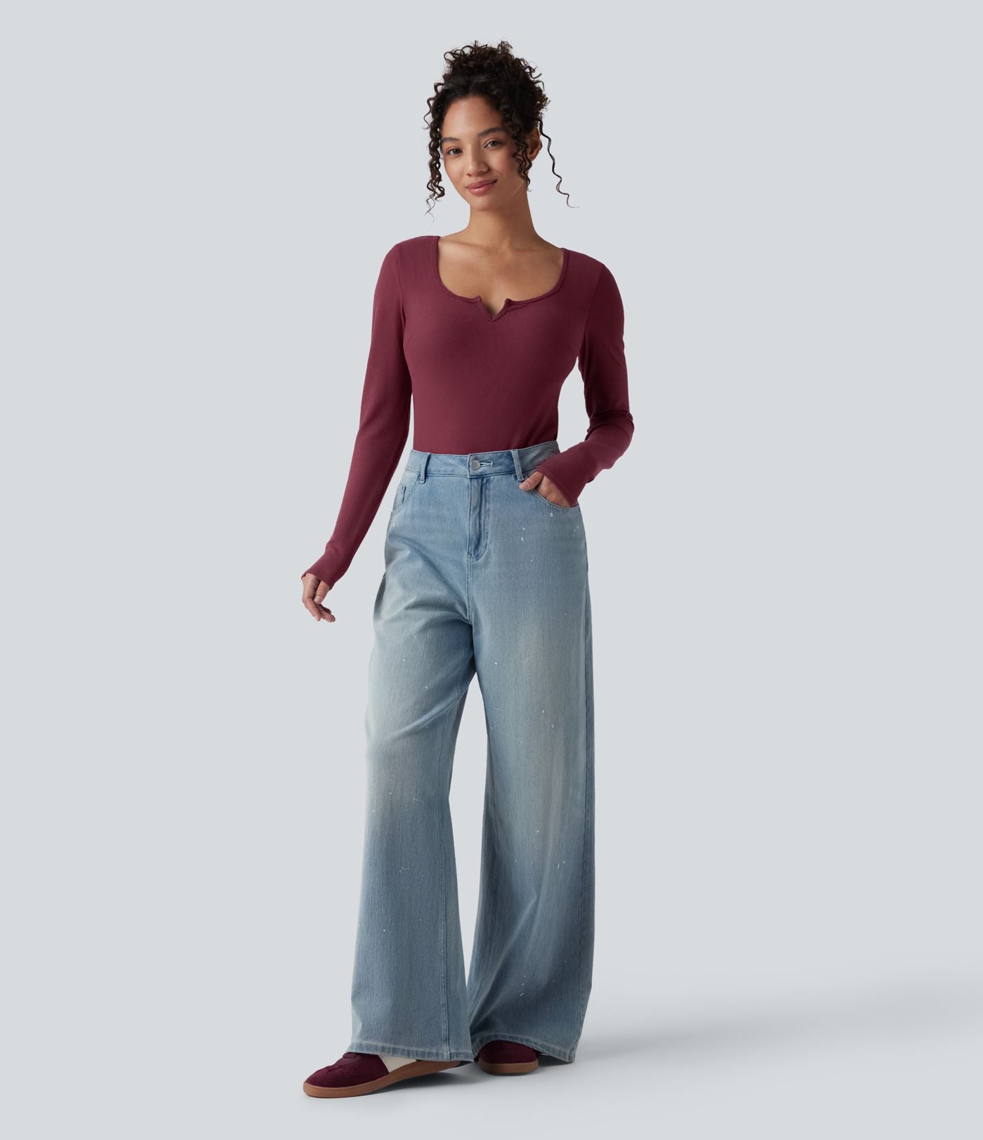 Top casual chaud push-up avec bonnets moulés, col cranté et manches longues - Bonnet A/B