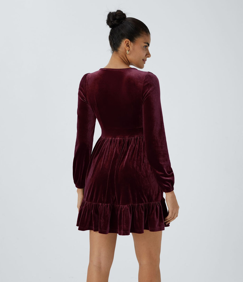 Quotidien Robe de Soirée Mini en Velours à Encolure en V Profond et Ourlet Volanté