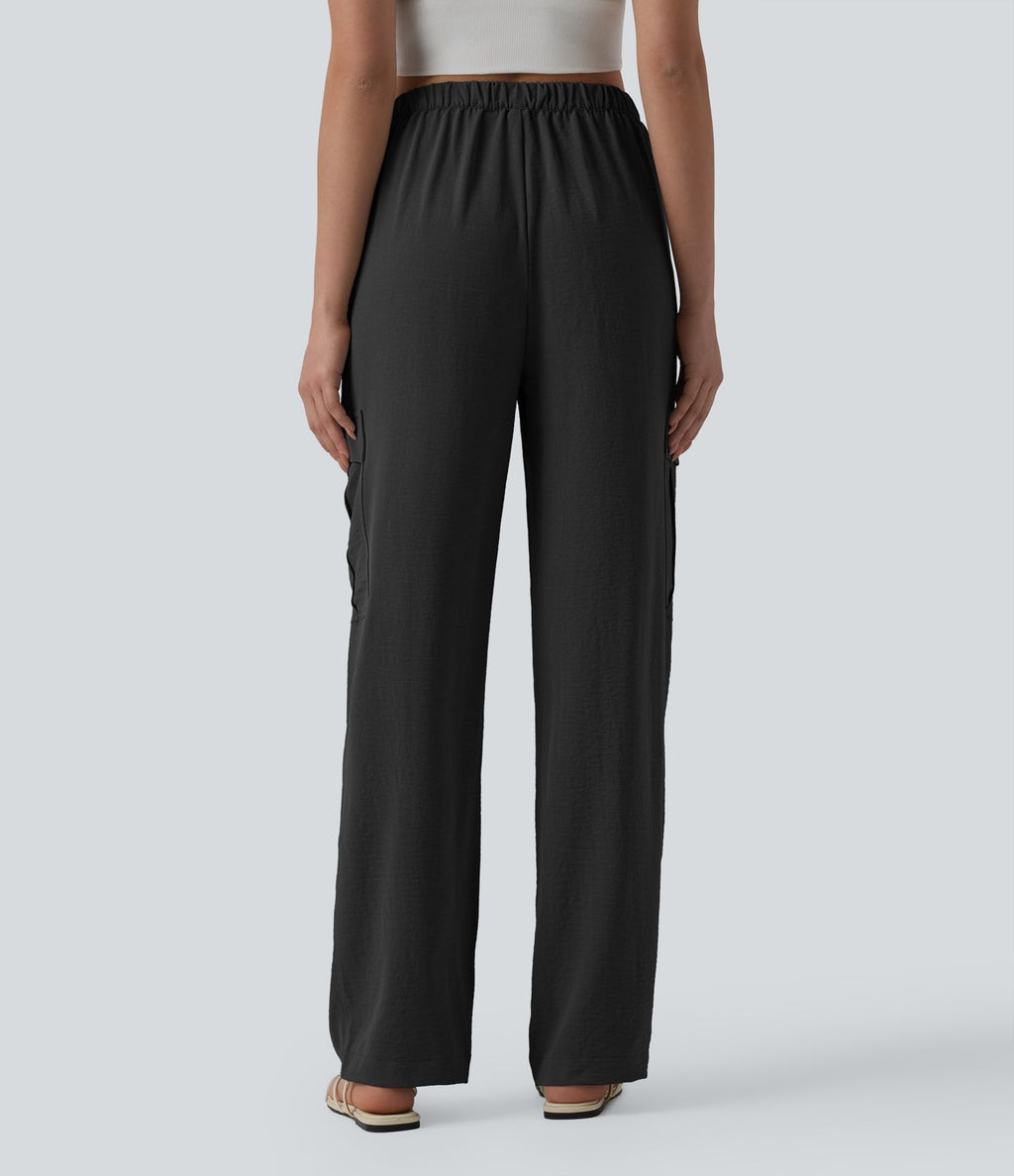 Pantalon cargo casual coupe droite taille mi-haute aspect lin à cordon de serrage avec poches