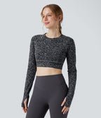 Haut de sport yoga court col rond à manches longues avec passants pouces imprimé léopard Halara UltraSculpt™