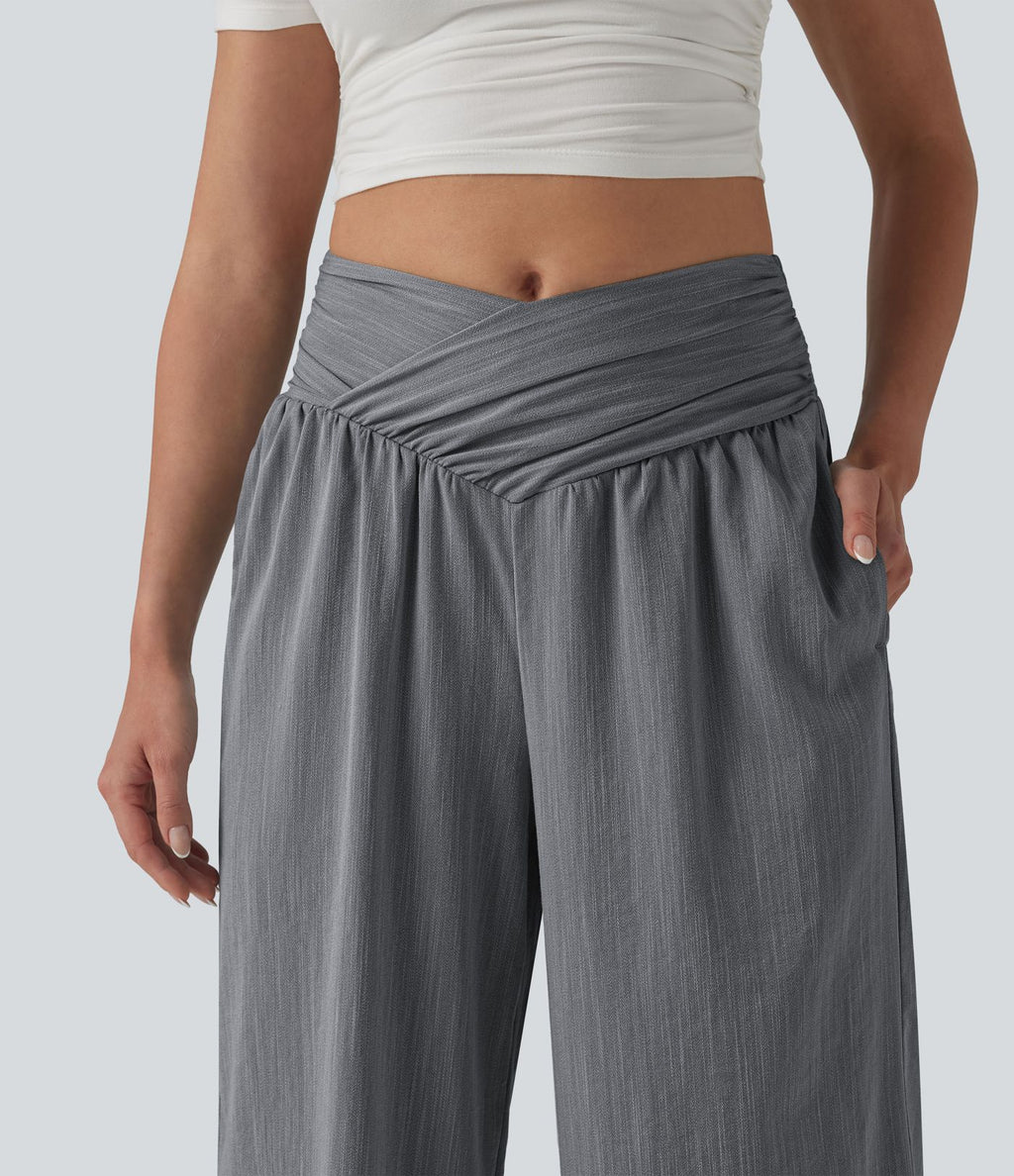 Pantalon baggy effet lin taille haute croisée avec détails froncés et poche