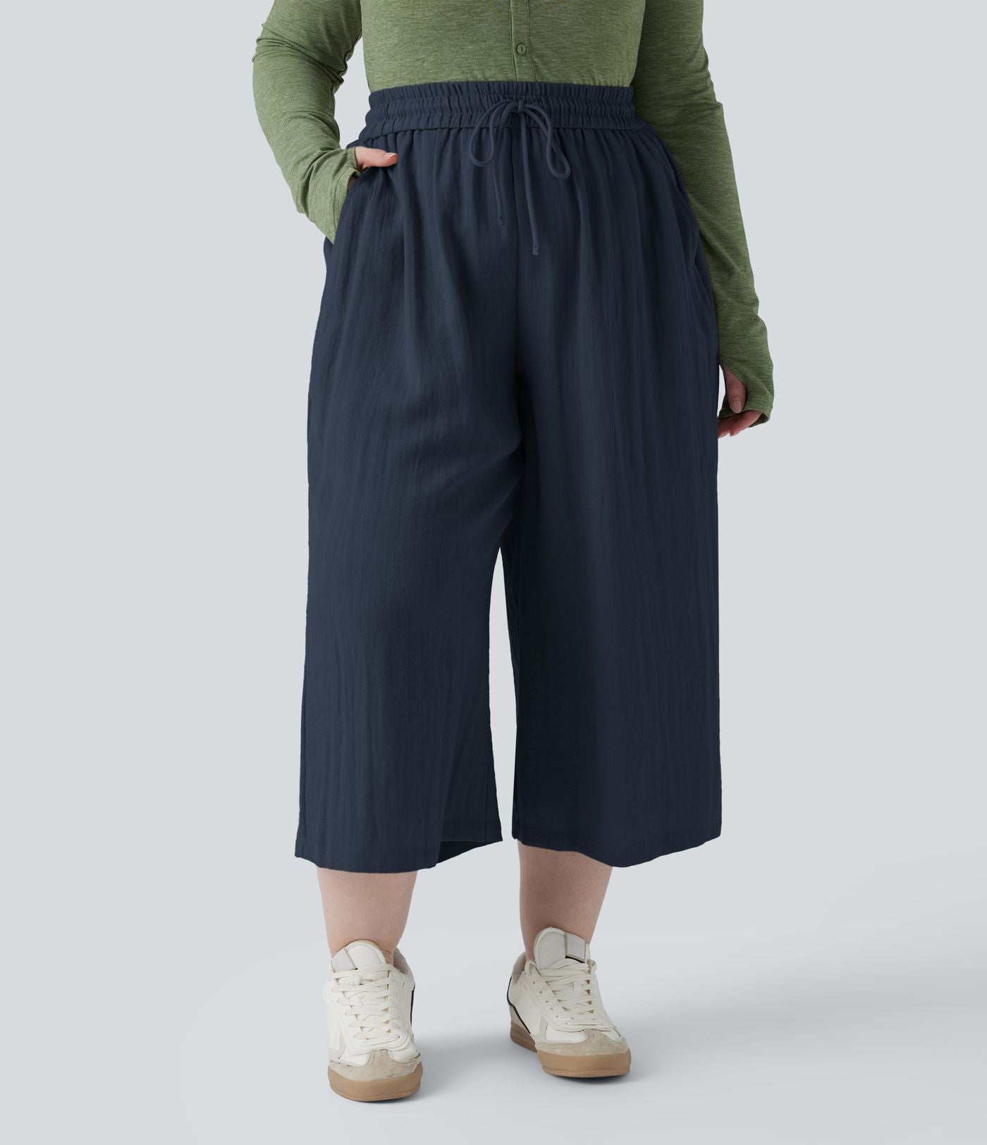 Pantalon grande taille large fluide taille haute avec cordon de serrage, poches et aspect lin