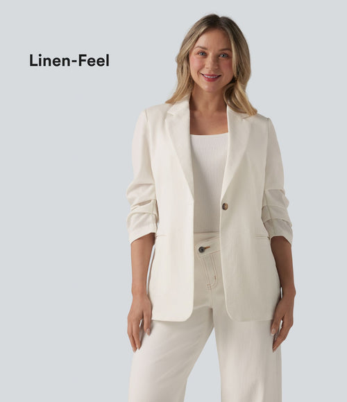 Blazer à manches 3/4 froncées, aspect lin, avec poches, idéal pour le bureau