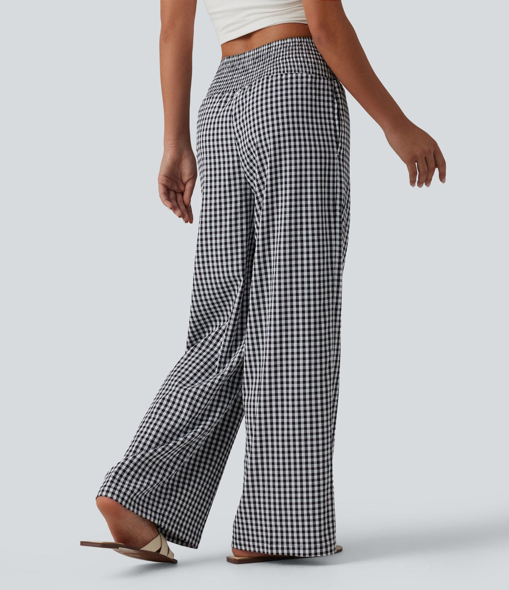 Pantalon large casual taille haute froncé à carreaux vichy avec poches