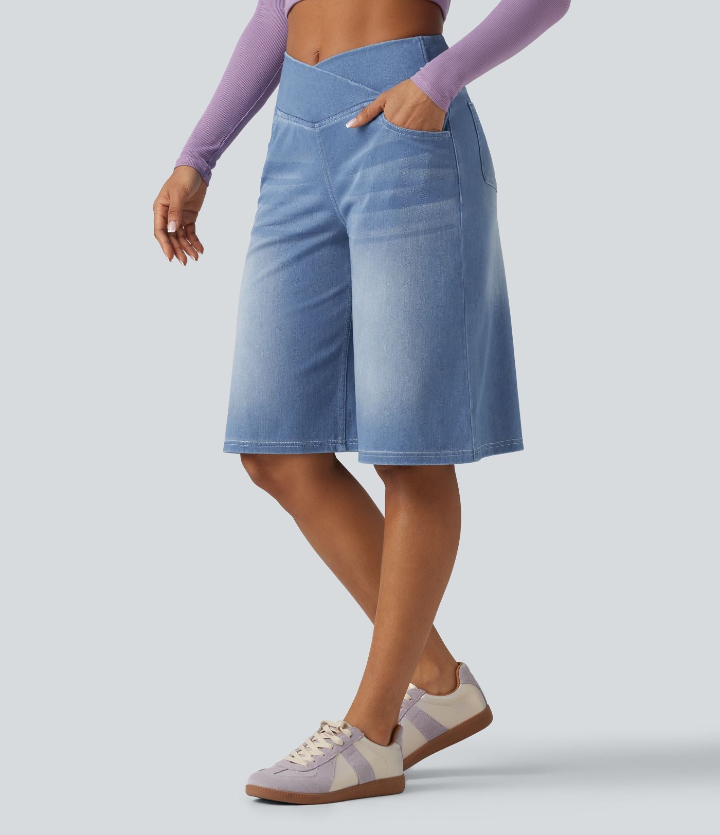 Short en jean ample Halara Flex™ taille haute croisé gainant décontracté avec poches