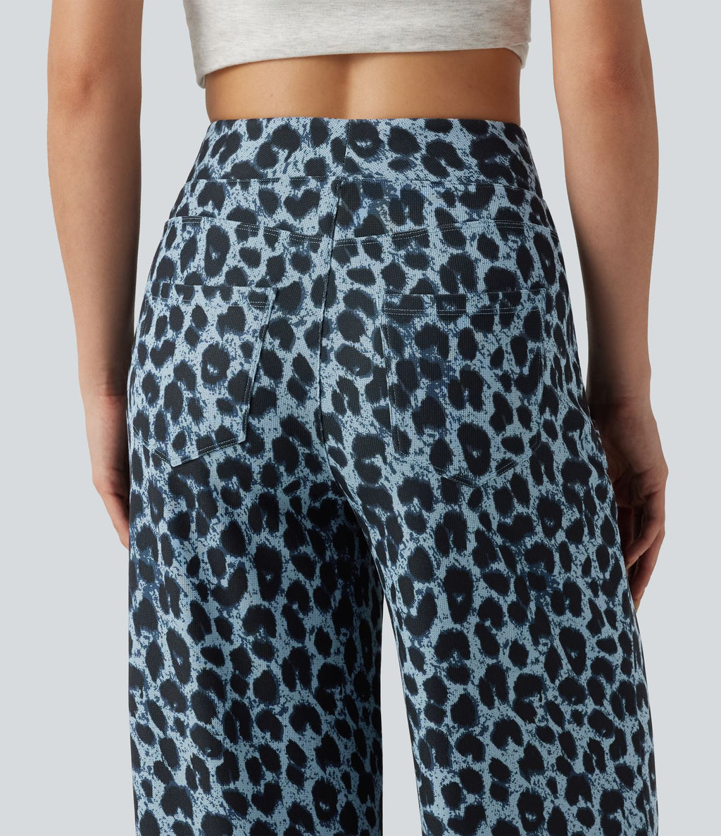 Pantalon large décontracté taille haute gaufré imprimé léopard avec poches