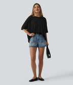 T-shirt décontracté col rond manches mi-longues ourlet asymétrique