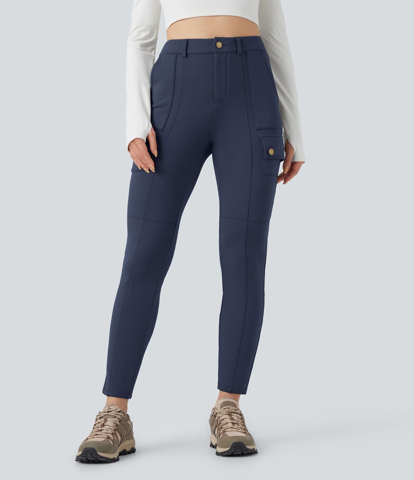 Pantalon cargo de randonnée ajusté polaire taille haute avec poches