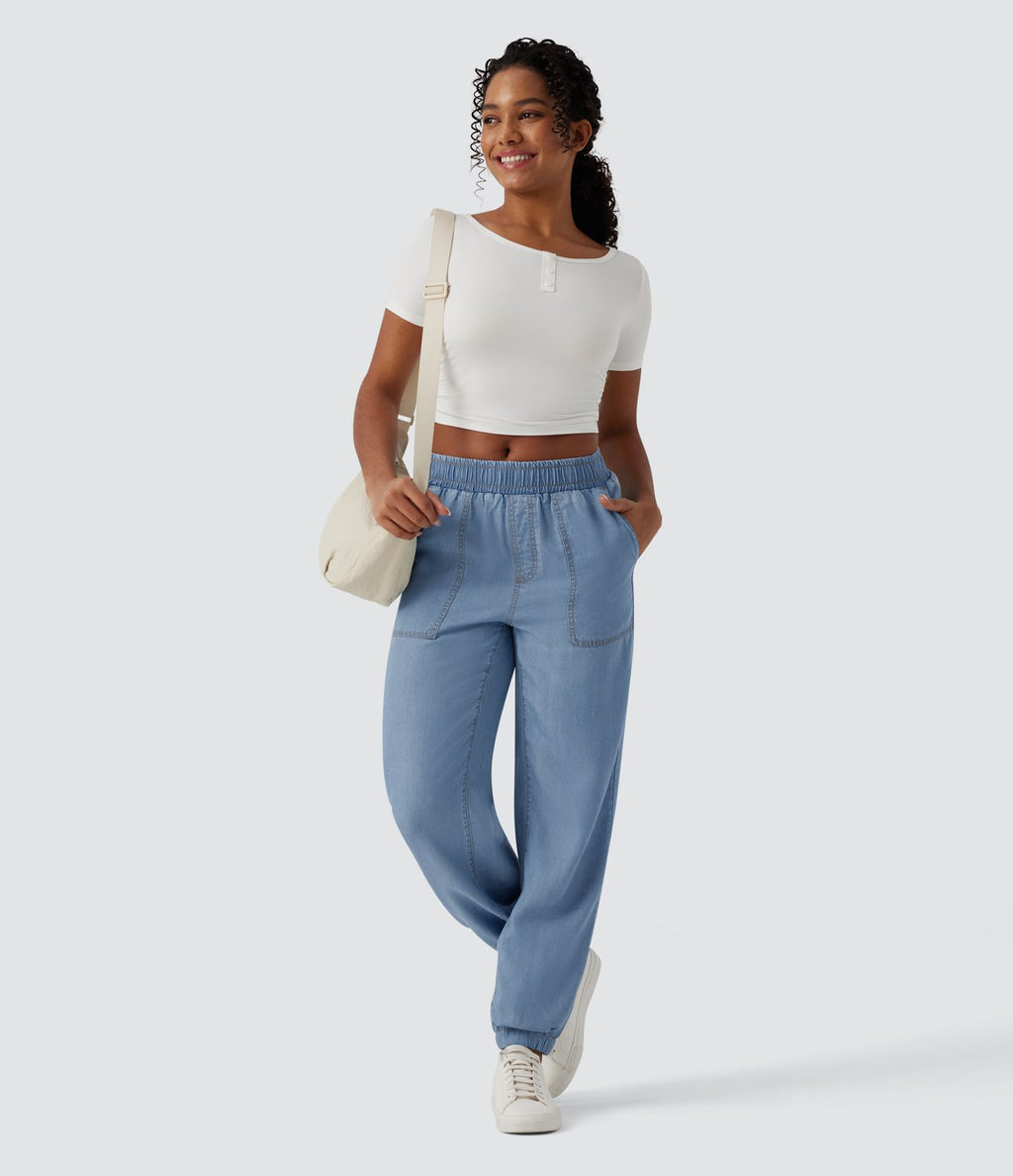 Jogging casual denim en lyocell drapé taille mi-haute avec poches