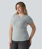 T-shirt Halara grande taille décontracté en jersey de coton, col Henley ultra-ajusté, manches courtes