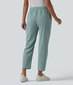 Pantalon tailleur aspect lin fuselé taille haute asymétrique avec poches