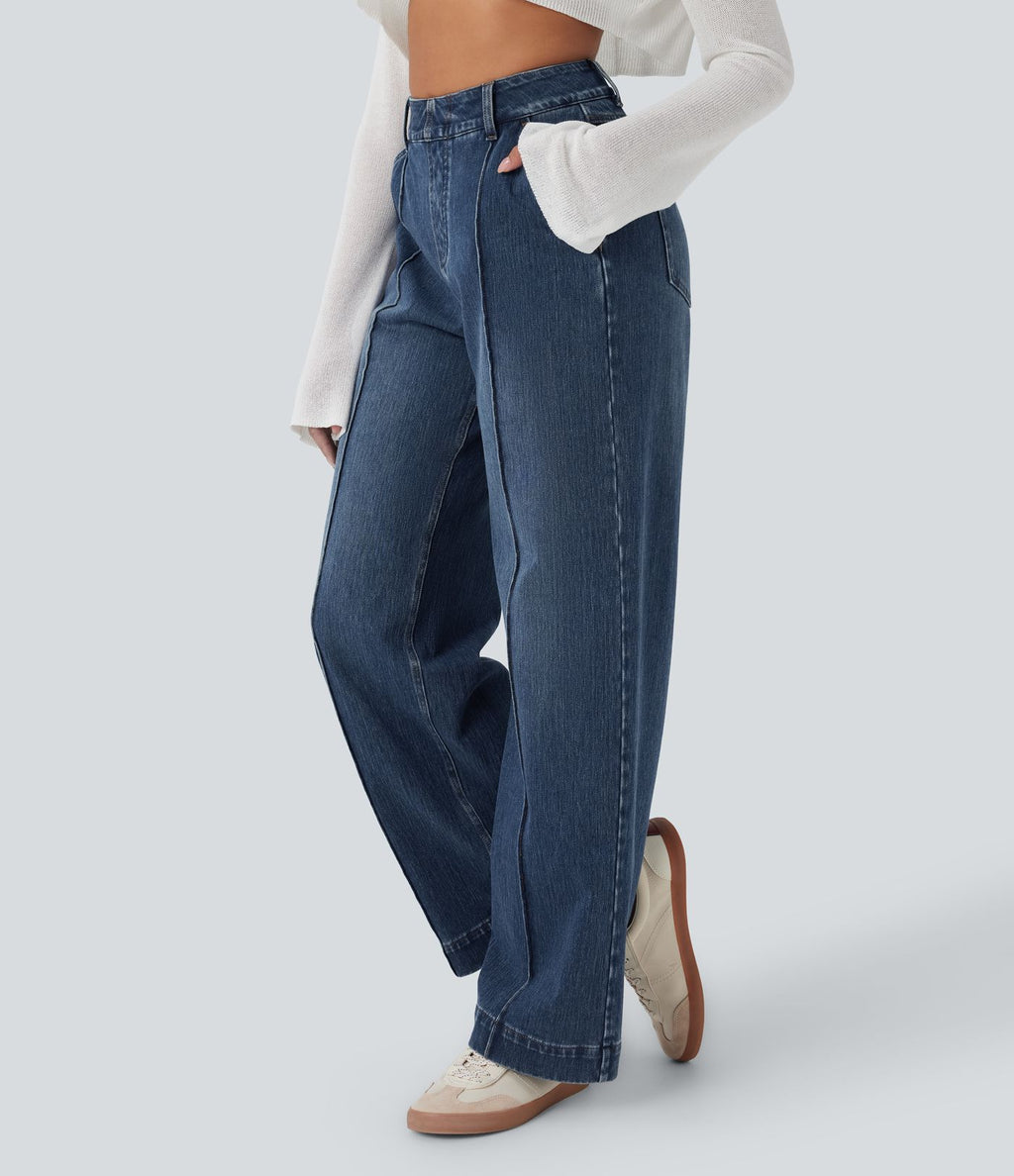 Jean décontracté Halara Flex™ taille haute jambe large délavé avec poches