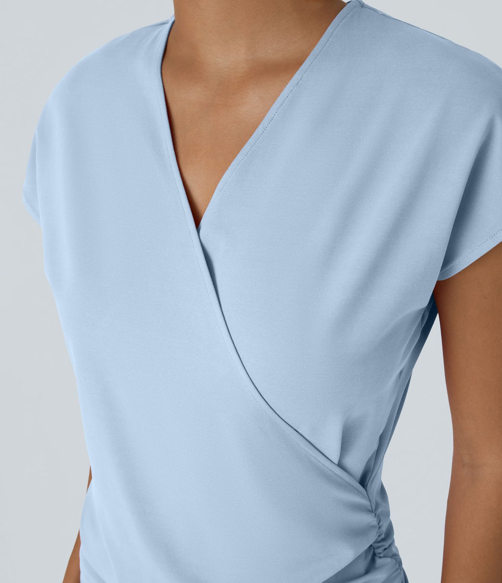 Blouse Travail Unie Froncée Croisée Manches Courtes Col en V
