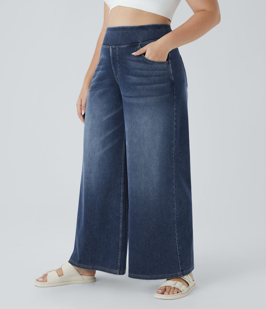 Halara Flex™ Jeans Larges Casual Taille Haute Multiples Poches Lavés Élastiques et Tricotés Grande Taille