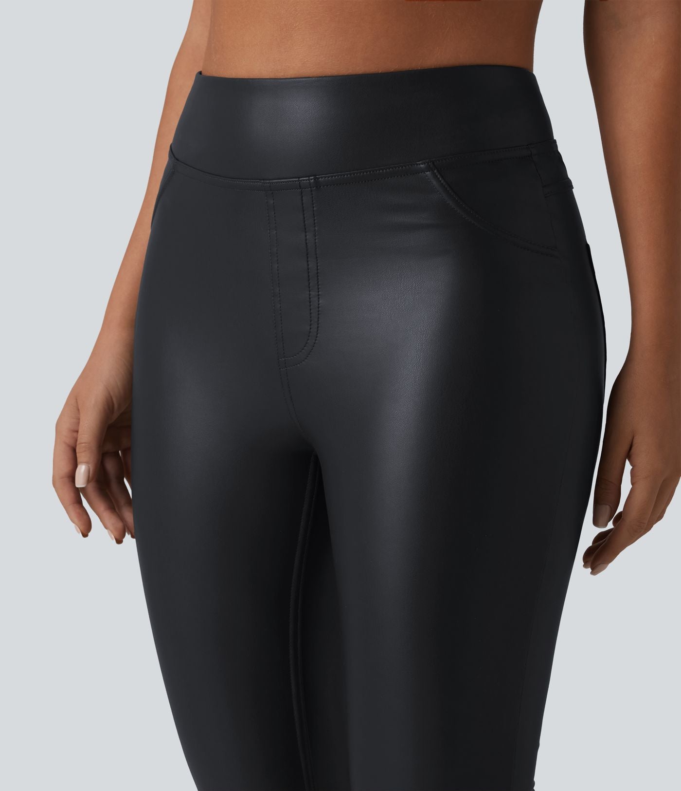 Pantalon skinny casual taille haute en simili cuir extensible avec poches